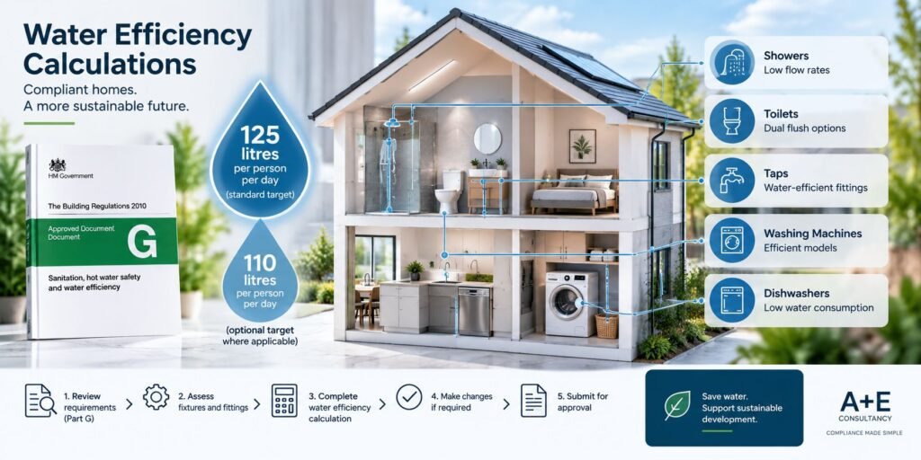Water efficiency calculations for UK homes showing Part G targets and water-efficient fixtures